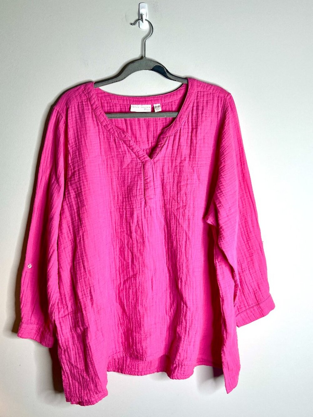 Susan Graver Pure Pink Gauze 100% Cotton Popover Blouse Split V-Neck Sz 2X